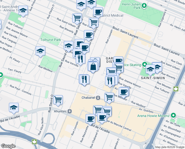 map of restaurants, bars, coffee shops, grocery stores, and more near 385 Rue de Louvain Ouest in Montréal