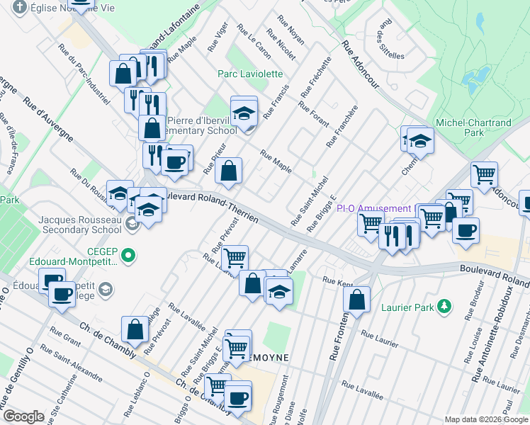 map of restaurants, bars, coffee shops, grocery stores, and more near 1175 Boulevard Roland-Therrien in Longueuil