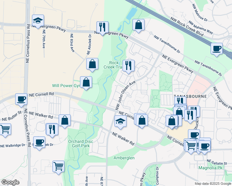 map of restaurants, bars, coffee shops, grocery stores, and more near 2715 Northwest John Olsen Avenue in Hillsboro