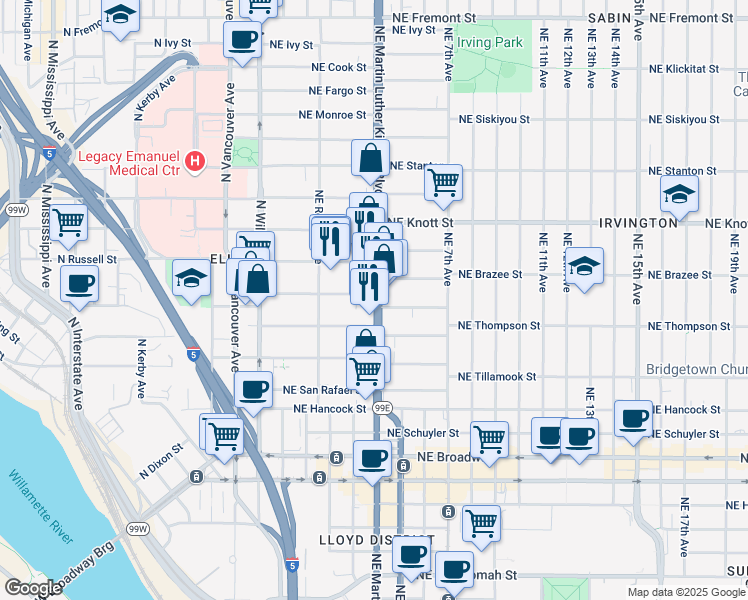 map of restaurants, bars, coffee shops, grocery stores, and more near in Portland
