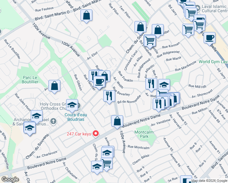 map of restaurants, bars, coffee shops, grocery stores, and more near 1452 Rue Beverley in Laval