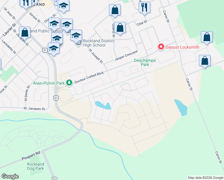 map of restaurants, bars, coffee shops, grocery stores, and more near 281 Sterling Avenue in Clarence-Rockland