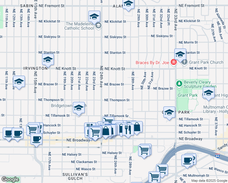 map of restaurants, bars, coffee shops, grocery stores, and more near 2405 Northeast 26th Avenue in Portland