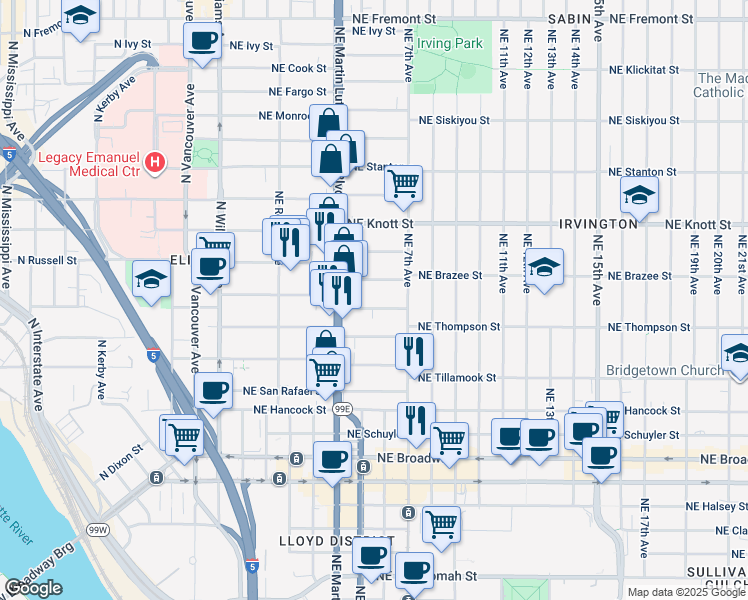 map of restaurants, bars, coffee shops, grocery stores, and more near in Portland