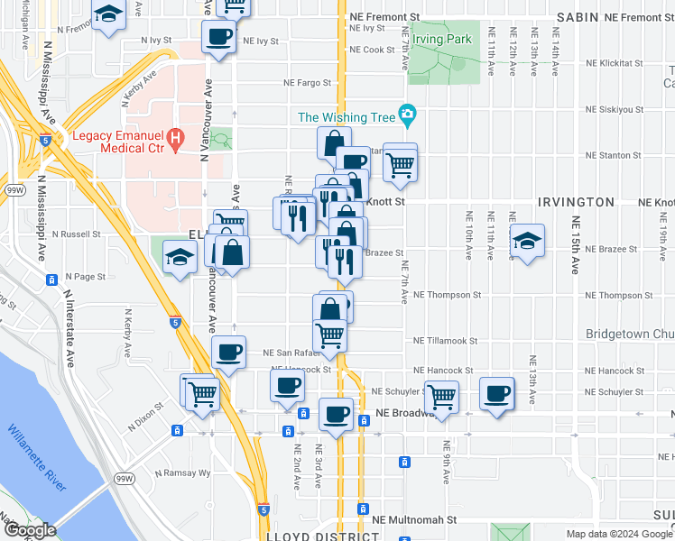 map of restaurants, bars, coffee shops, grocery stores, and more near in Portland