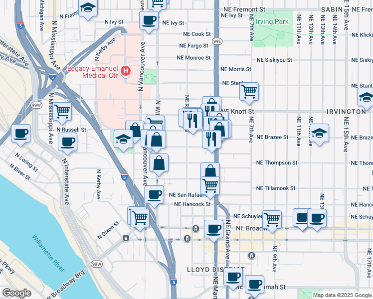 map of restaurants, bars, coffee shops, grocery stores, and more near 103 Northeast Sacramento Street in Portland