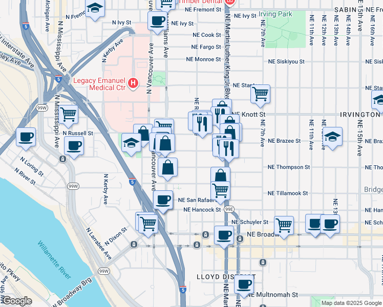 map of restaurants, bars, coffee shops, grocery stores, and more near 103 Northeast Sacramento Street in Portland