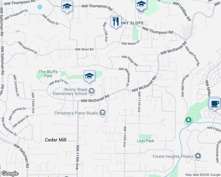 map of restaurants, bars, coffee shops, grocery stores, and more near 2803 Northwest 114th Terrace in Portland