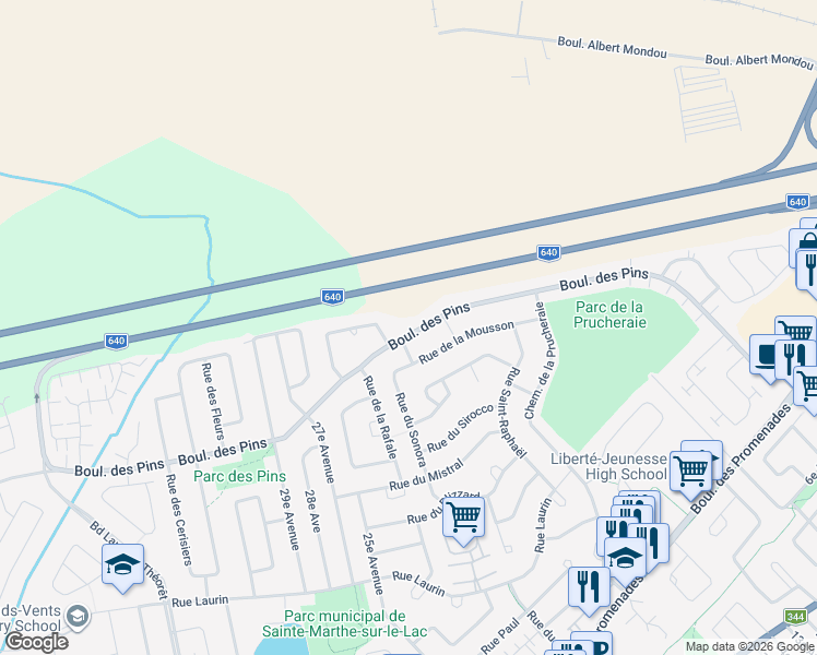 map of restaurants, bars, coffee shops, grocery stores, and more near 3055 Boulevard des Pins in Sainte-Marthe-sur-le-Lac