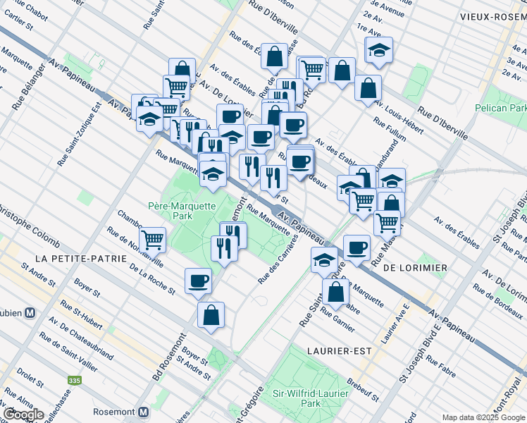 map of restaurants, bars, coffee shops, grocery stores, and more near 5829 Rue Marquette in Montréal