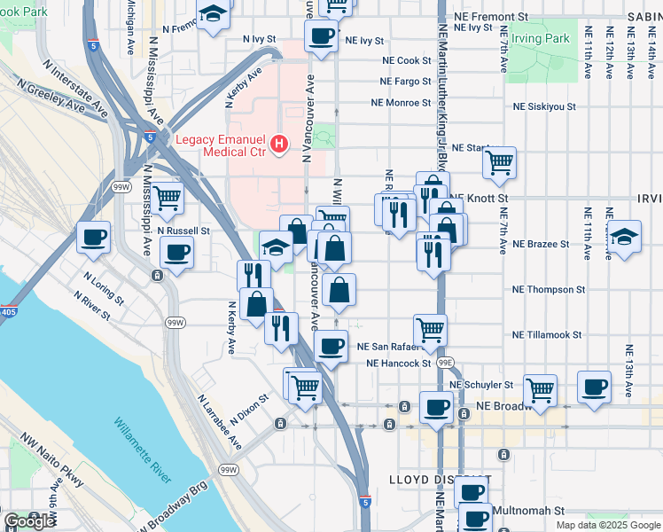 map of restaurants, bars, coffee shops, grocery stores, and more near 2337 North Williams Avenue in Portland