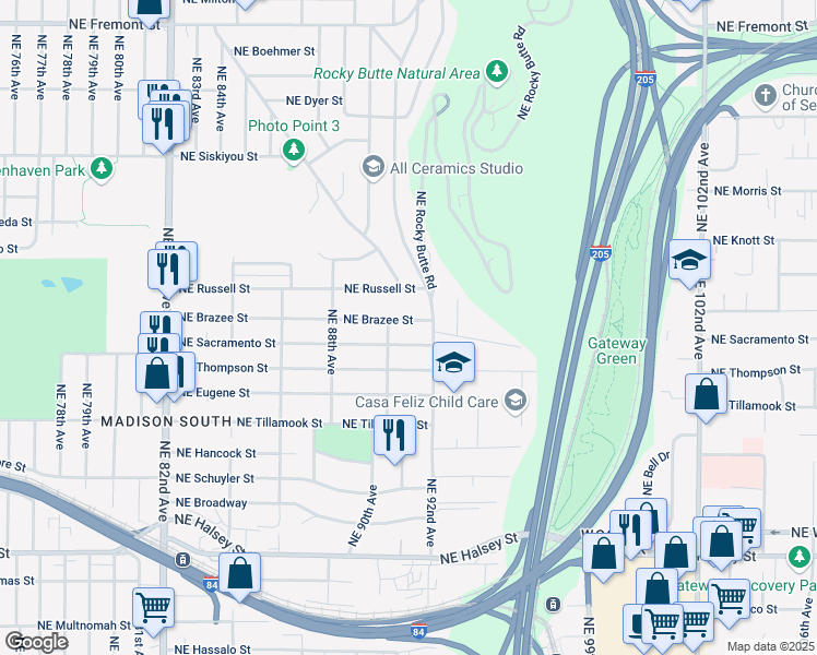 map of restaurants, bars, coffee shops, grocery stores, and more near 9030 Northeast Brazee Street in Portland