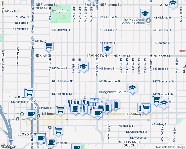 map of restaurants, bars, coffee shops, grocery stores, and more near 2415 Northeast 15th Avenue in Portland