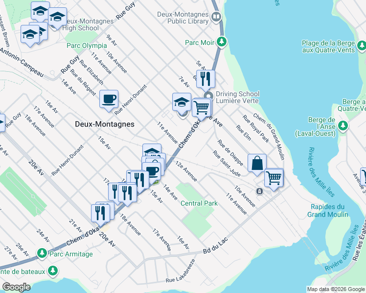 map of restaurants, bars, coffee shops, grocery stores, and more near 1008 Chemin d'Oka in Deux-Montagnes