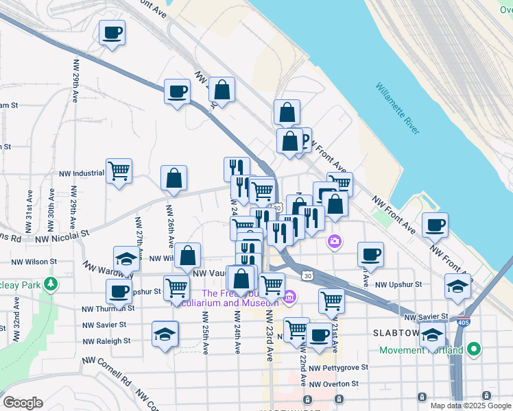 map of restaurants, bars, coffee shops, grocery stores, and more near 2328 Northwest Reed Street in Portland