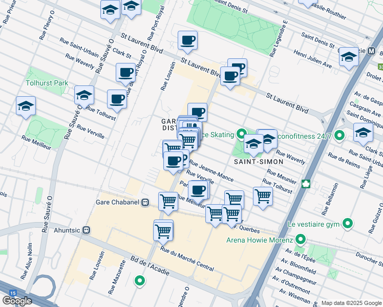 map of restaurants, bars, coffee shops, grocery stores, and more near in Montréal