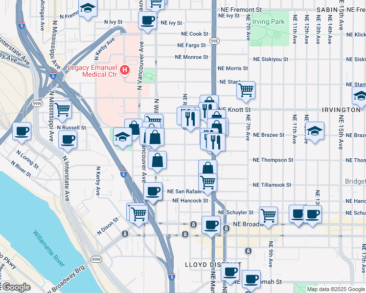 map of restaurants, bars, coffee shops, grocery stores, and more near 2329 Northeast Rodney Avenue in Portland