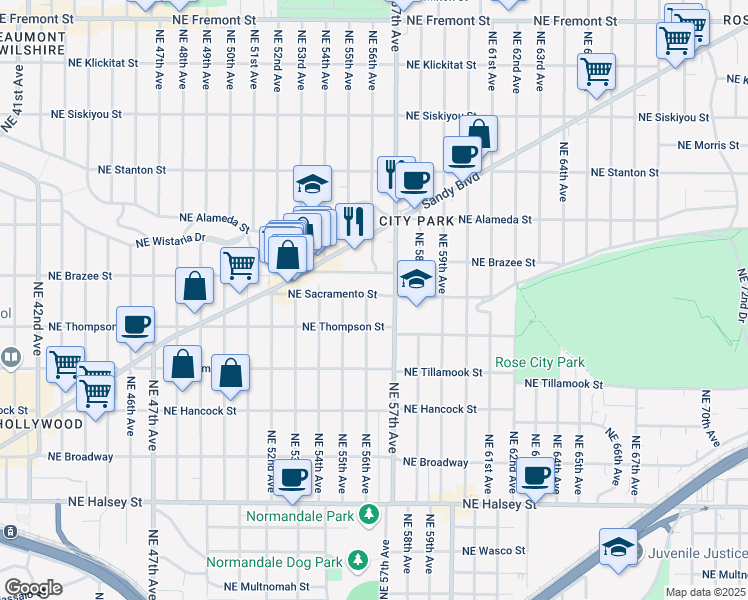 map of restaurants, bars, coffee shops, grocery stores, and more near 2352 Northeast 56th Avenue in Portland