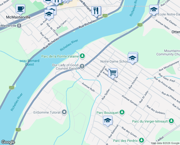 map of restaurants, bars, coffee shops, grocery stores, and more near 151 Rue Gervais in Otterburn Park