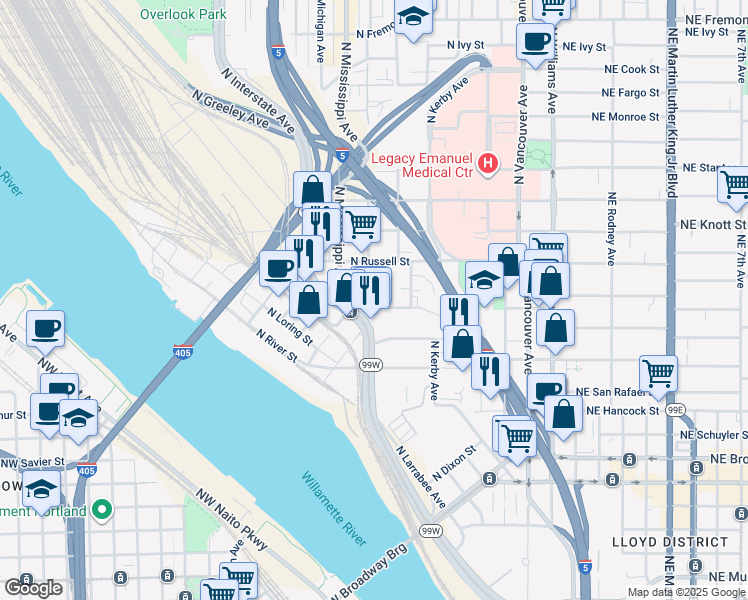 map of restaurants, bars, coffee shops, grocery stores, and more near 2320 North Albina Avenue in Portland