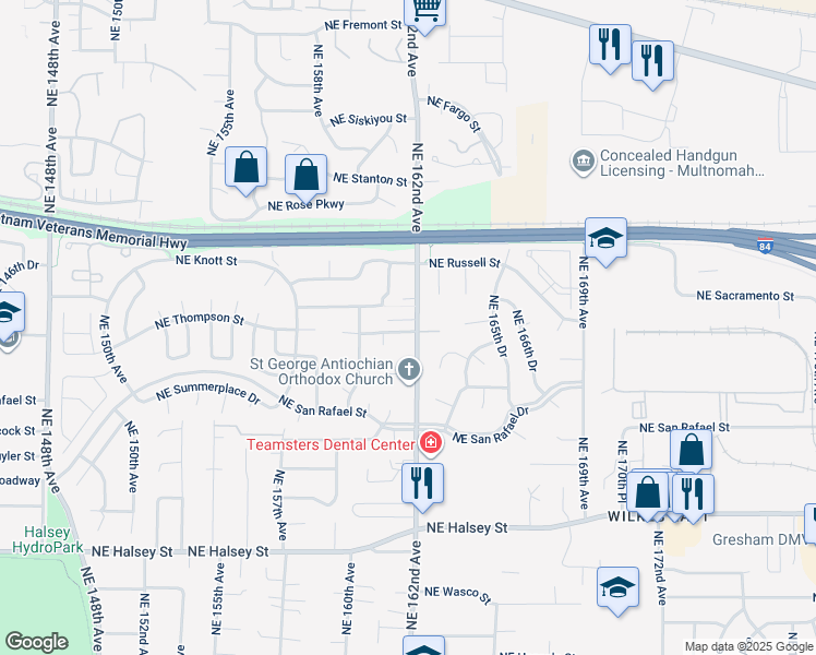 map of restaurants, bars, coffee shops, grocery stores, and more near 16127 Northeast Thompson Street in Portland