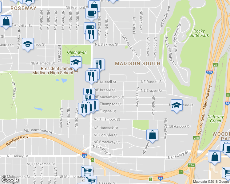 map of restaurants, bars, coffee shops, grocery stores, and more near 8436 Northeast Brazee Street in Portland