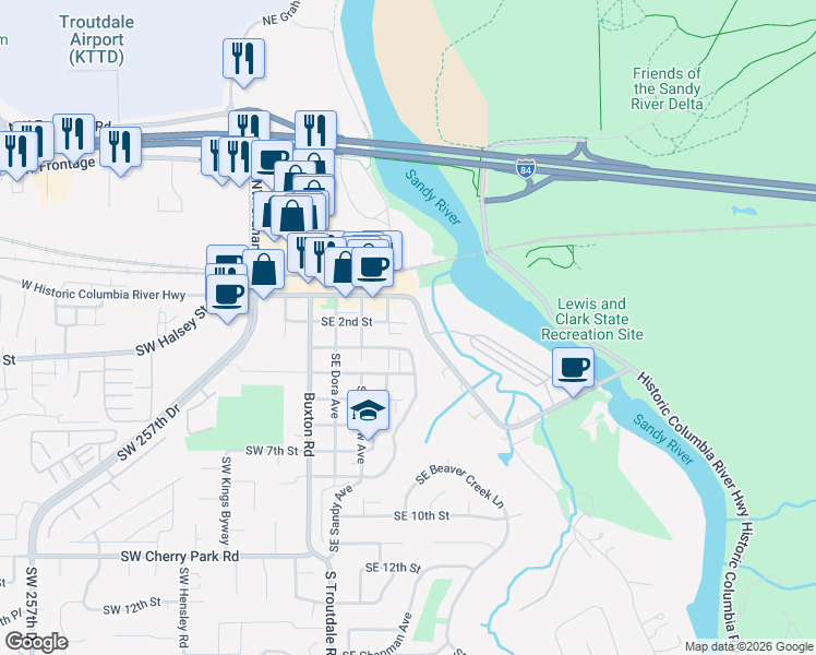 map of restaurants, bars, coffee shops, grocery stores, and more near 438 Southeast 2nd Street in Troutdale