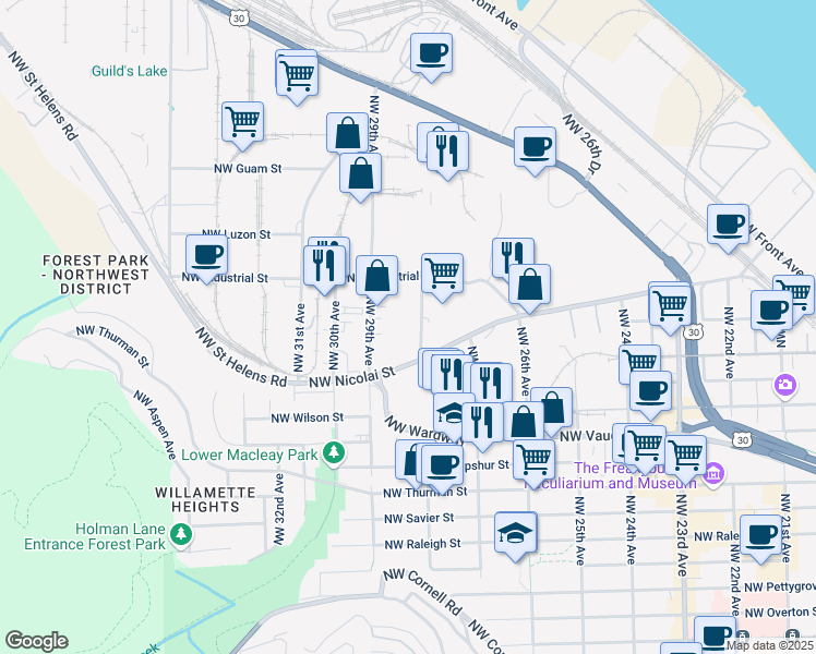 map of restaurants, bars, coffee shops, grocery stores, and more near 2505 Northwest 28th Avenue in Portland