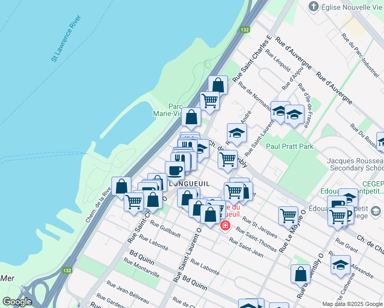 map of restaurants, bars, coffee shops, grocery stores, and more near 89 Rue Saint-Charles Ouest in Longueuil