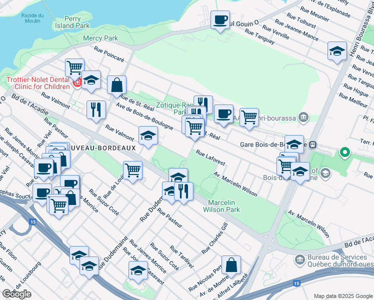 map of restaurants, bars, coffee shops, grocery stores, and more near 1615 Rue Dudemaine in Montréal