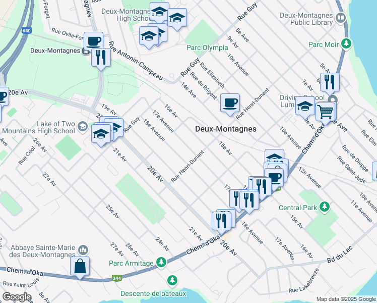 map of restaurants, bars, coffee shops, grocery stores, and more near 308 17e Avenue in Deux-Montagnes
