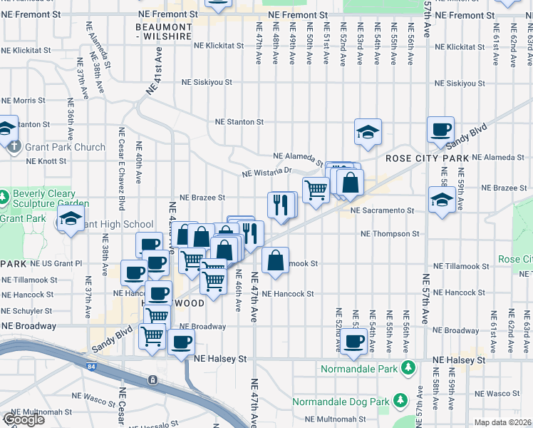 map of restaurants, bars, coffee shops, grocery stores, and more near 2414 Northeast 47th Avenue in Portland