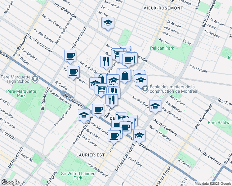 map of restaurants, bars, coffee shops, grocery stores, and more near 5421 Avenue De Lorimier in Montréal
