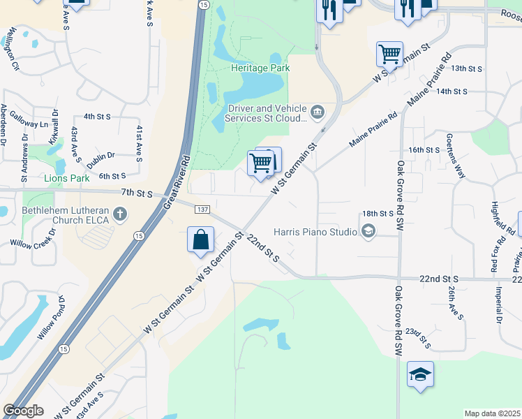 map of restaurants, bars, coffee shops, grocery stores, and more near 3550 West Saint Germain Street in Saint Cloud
