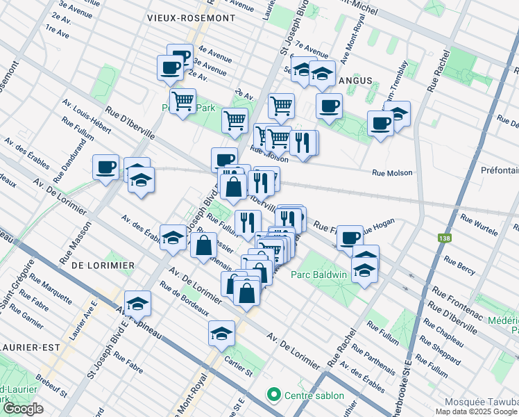 map of restaurants, bars, coffee shops, grocery stores, and more near in Montréal