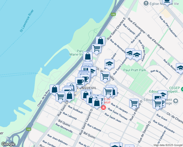 map of restaurants, bars, coffee shops, grocery stores, and more near 89 Rue Saint-Charles Ouest in Longueuil