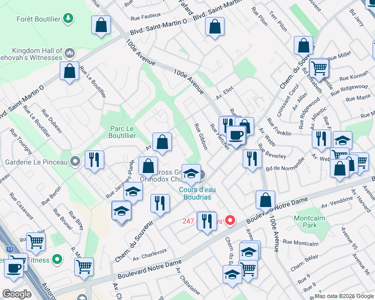map of restaurants, bars, coffee shops, grocery stores, and more near 5001 Avenue Eliot in Laval
