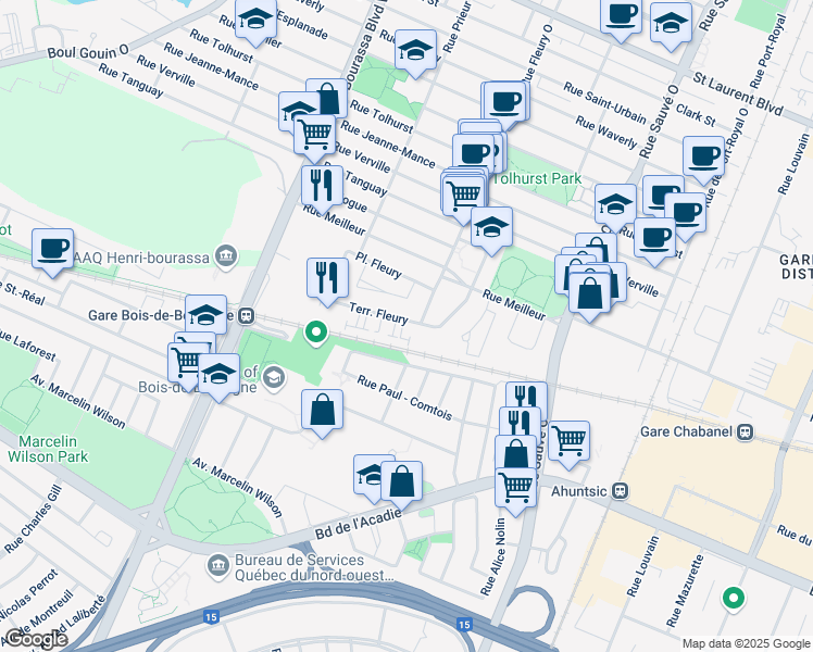 map of restaurants, bars, coffee shops, grocery stores, and more near 10320 Terrasse Fleury in Montreal