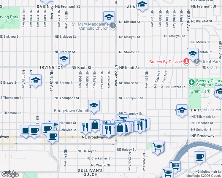 map of restaurants, bars, coffee shops, grocery stores, and more near 2415 Northeast 24th Avenue in Portland