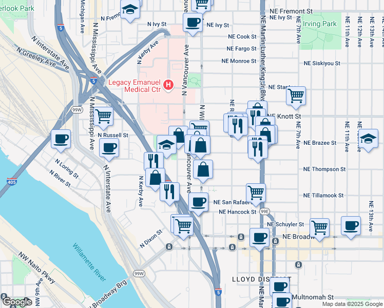 map of restaurants, bars, coffee shops, grocery stores, and more near 2337 North Williams Avenue in Portland
