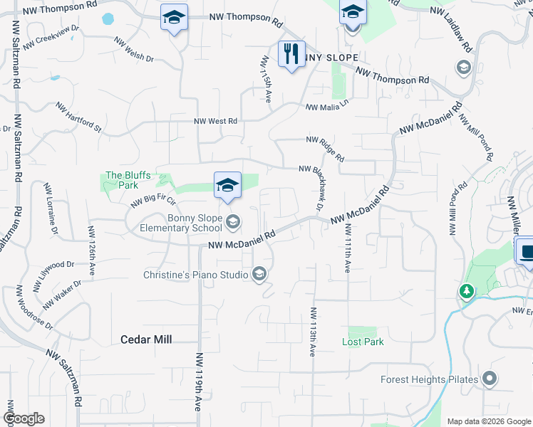 map of restaurants, bars, coffee shops, grocery stores, and more near 11535 Northwest McDaniel Road in Portland