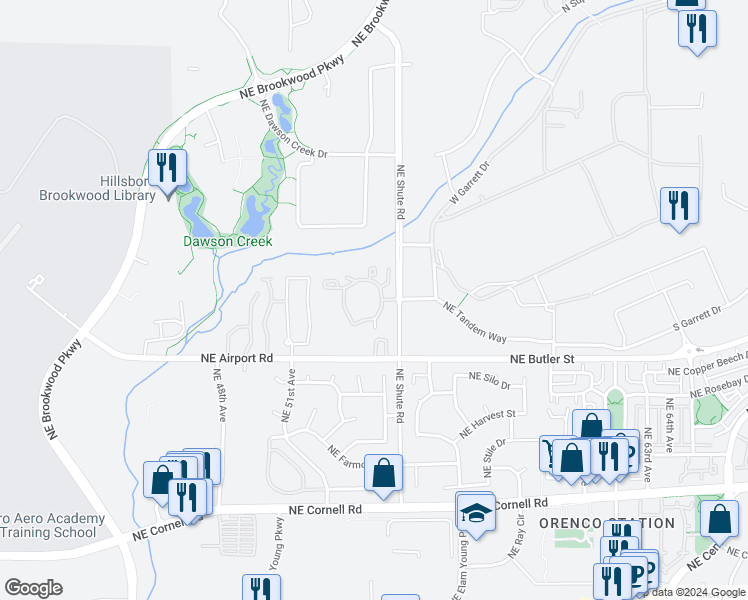 map of restaurants, bars, coffee shops, grocery stores, and more near 3 Northeast Tandem Way in Hillsboro