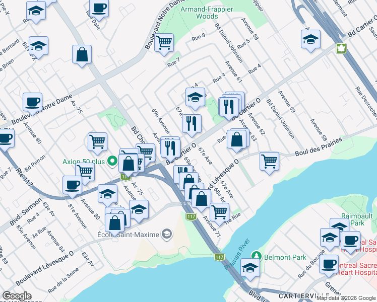 map of restaurants, bars, coffee shops, grocery stores, and more near 3330 Boulevard Cartier Ouest in Laval