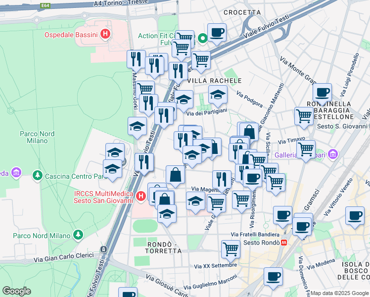 map of restaurants, bars, coffee shops, grocery stores, and more near 215 Via S. Denis in Sesto San Giovanni