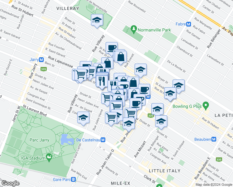 map of restaurants, bars, coffee shops, grocery stores, and more near 7384 Rue Berri in Montréal