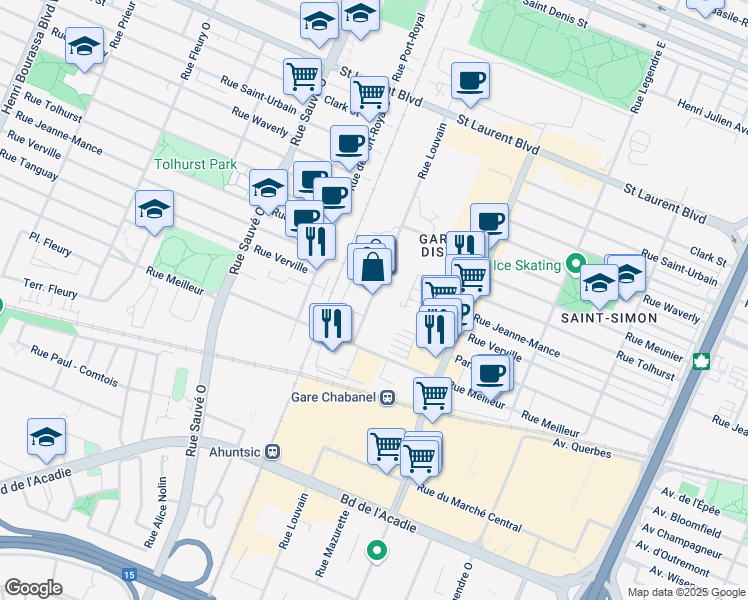 map of restaurants, bars, coffee shops, grocery stores, and more near 350 Rue de Louvain Ouest in Montréal