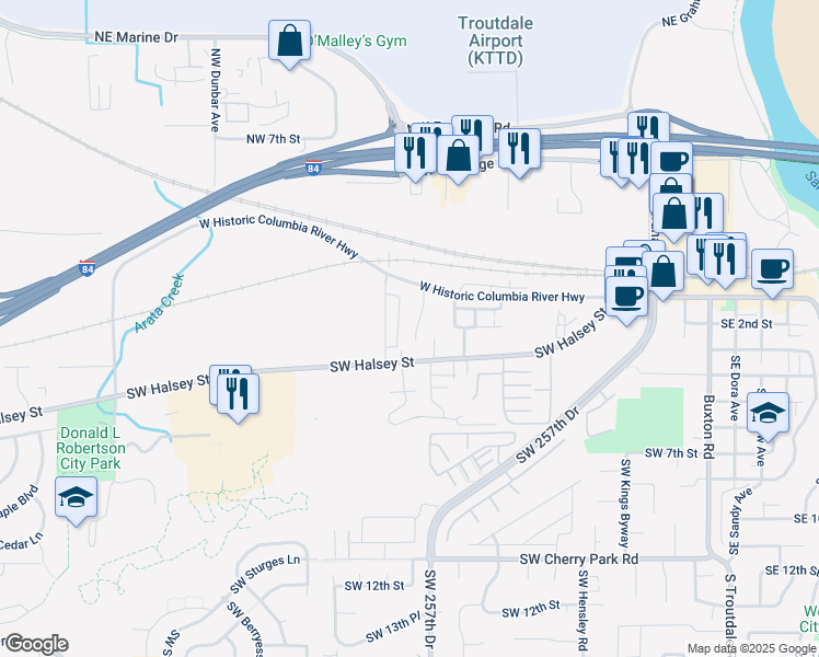 map of restaurants, bars, coffee shops, grocery stores, and more near 217 Southwest Edgefield Court in Troutdale