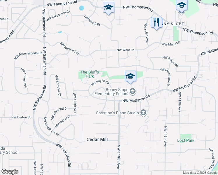 map of restaurants, bars, coffee shops, grocery stores, and more near 12050 Northwest Big Fir Circle in Portland