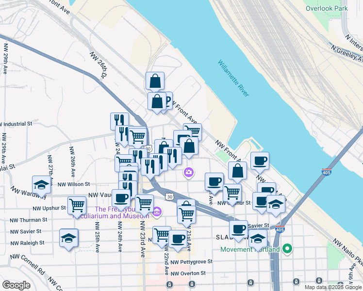 map of restaurants, bars, coffee shops, grocery stores, and more near 2356 Northwest 21st Place in Portland