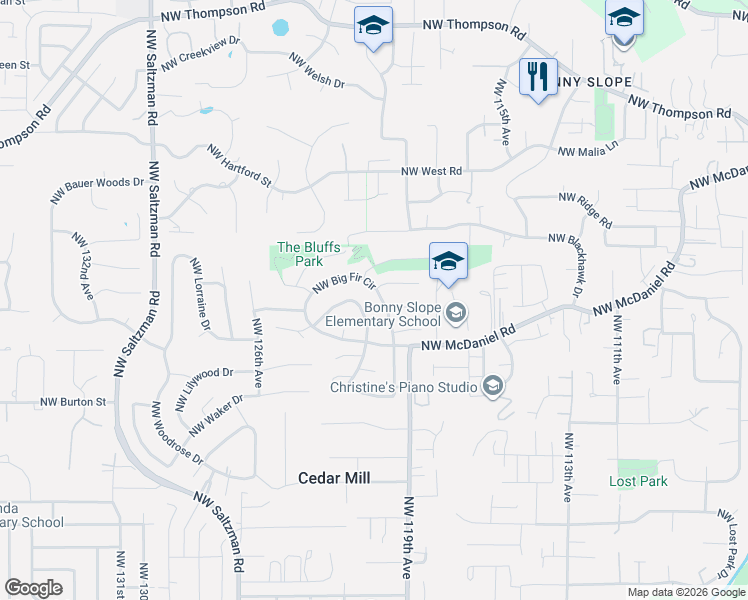 map of restaurants, bars, coffee shops, grocery stores, and more near 12050 Northwest Big Fir Circle in Portland